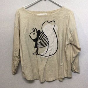 Zara Basic Squirrel Print 3/4 Sleeve Top